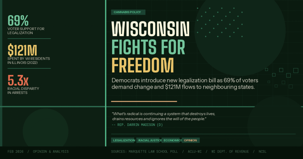 Wisconsin marijuana legalization blog image showing key statistics including 69 percent voter support, 121 million dollars spent by residents in Illinois, and 5.3 times racial disparity in cannabis arrests, with a quote from Rep. Darrin Madison supporting the 2026 Democratic legalization bill
