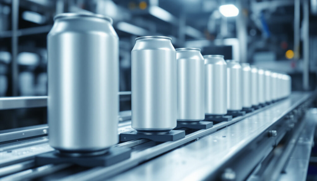 Row of unlabeled beverage cans on a stainless steel production line under cool light