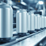 Row of unlabeled beverage cans on a stainless steel production line under cool light