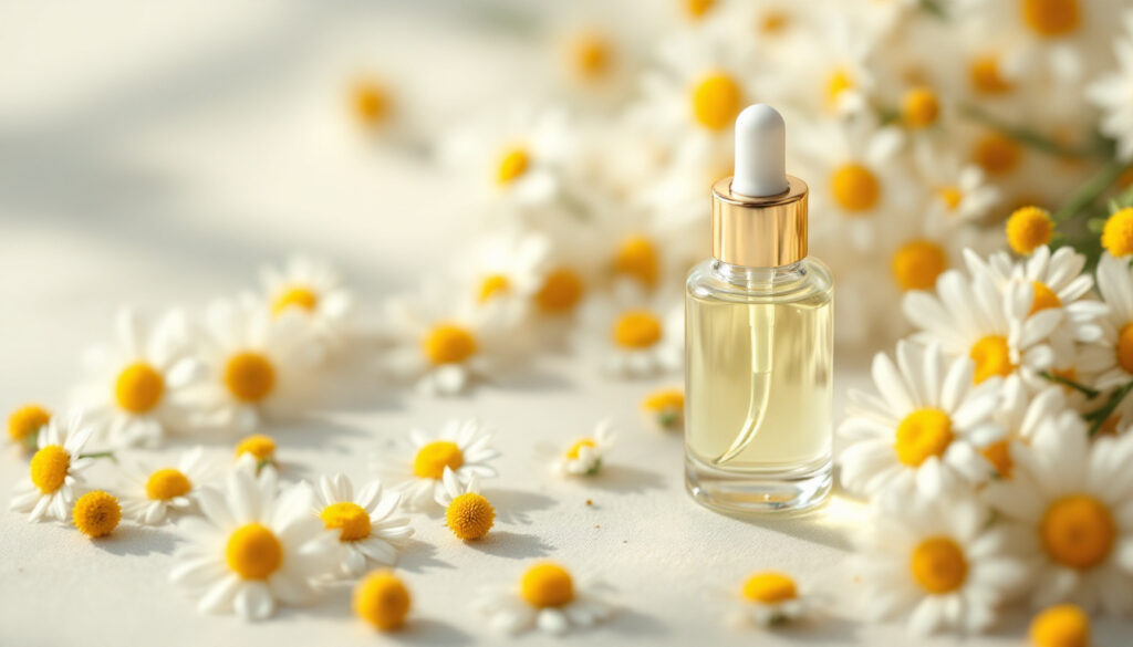 Fresh chamomile flowers with a small clear glass dropper bottle in soft morning light