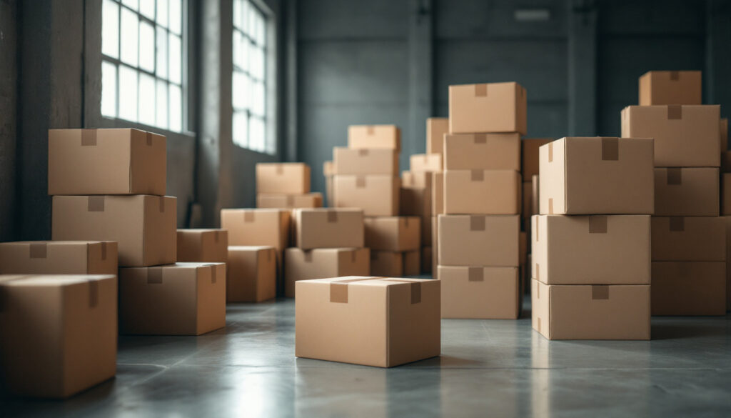 Plain cardboard shipping boxes stacked on a warehouse floor in soft daylight