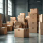 Plain cardboard shipping boxes stacked on a warehouse floor in soft daylight