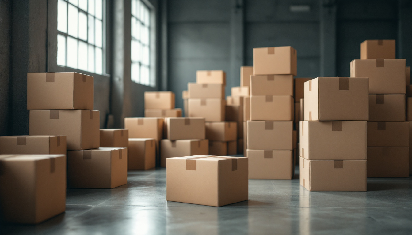 Plain cardboard shipping boxes stacked on a warehouse floor in soft daylight