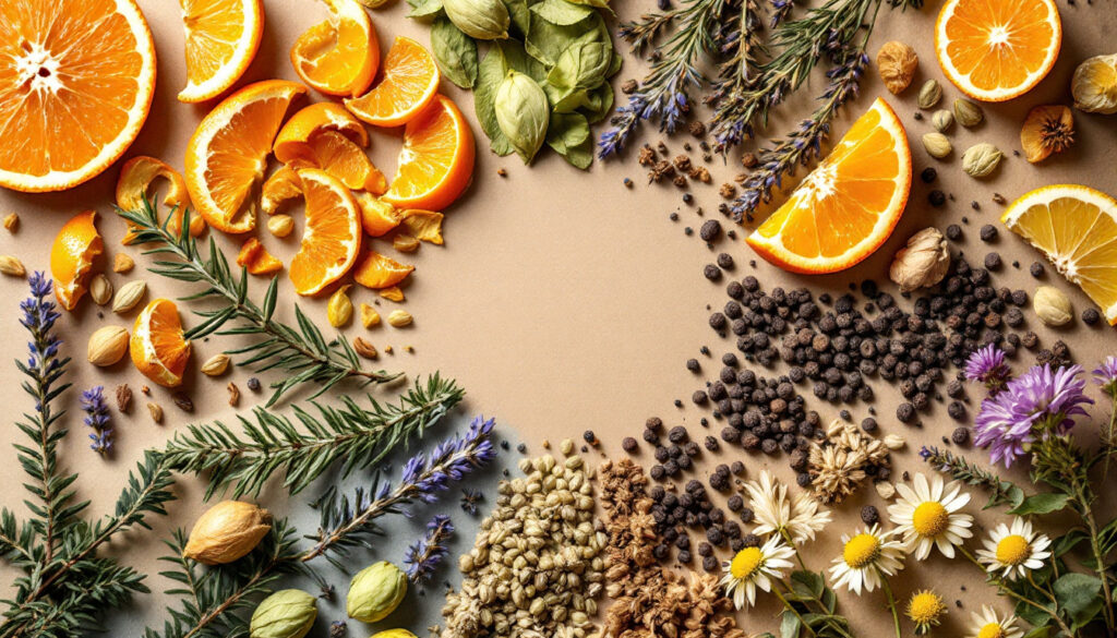 Overhead flat lay of aromatic botanicals arranged in a radial colour wheel including citrus, pine, lavender and hops