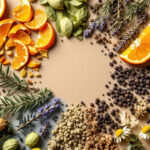 Overhead flat lay of aromatic botanicals arranged in a radial colour wheel including citrus, pine, lavender and hops