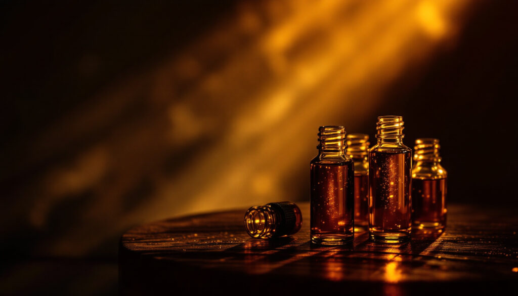 Cluster of amber glass botanical extract vials with overlapping beams of light blending together