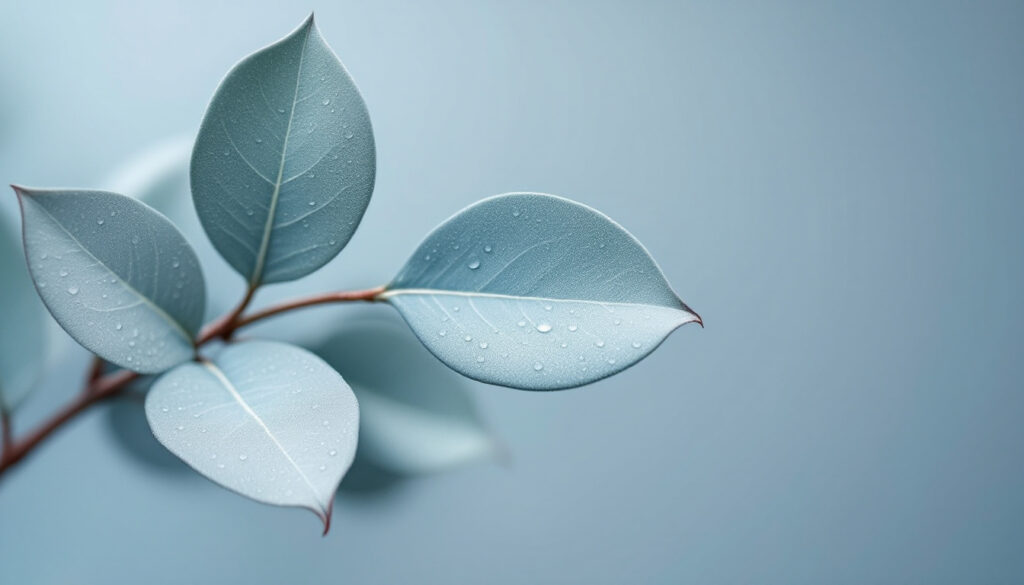 Fresh eucalyptus leaves beaded with water droplets against a cool blue grey background