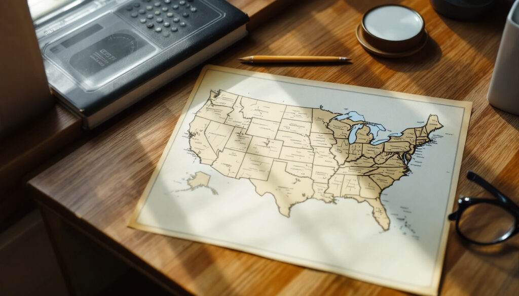 Map of the United States rendered as flat paper on a wooden desk beside reading glasses