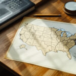 Map of the United States rendered as flat paper on a wooden desk beside reading glasses