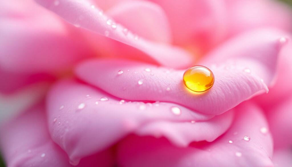 Macro of fresh pink rose petals with a single golden droplet of oil resting on one petal