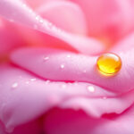Macro of fresh pink rose petals with a single golden droplet of oil resting on one petal