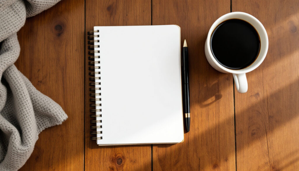 Open notebook and pen on a wooden table beside a cup of coffee in morning light