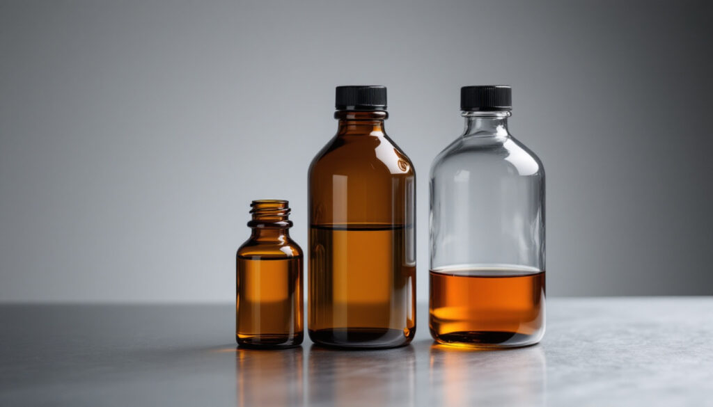 Amber glass laboratory bottles on a lab bench with soft directional light