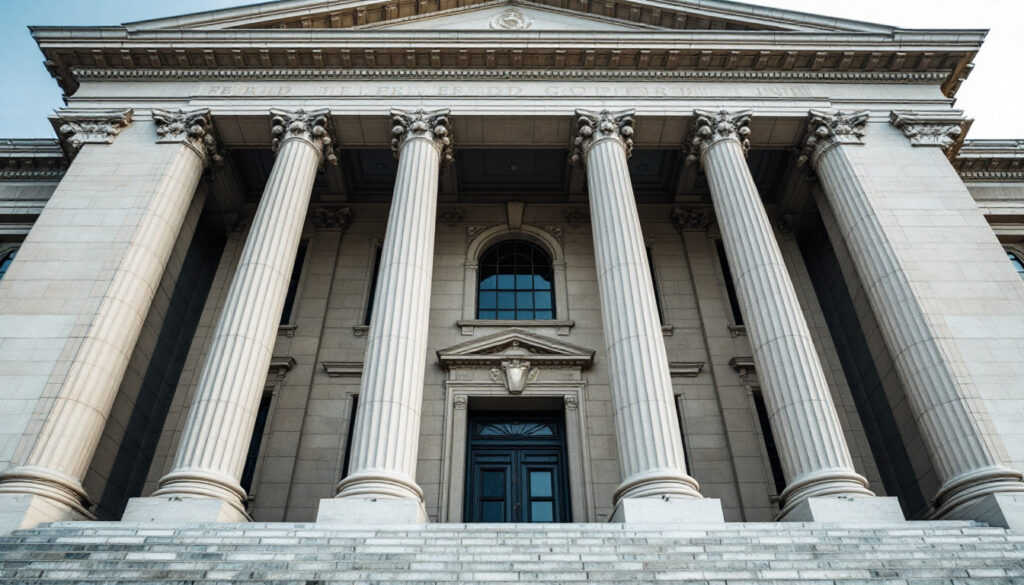Federal government building facade with tall columns photographed from below in daylight