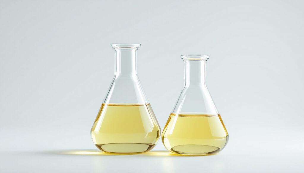 Two laboratory flasks of different sizes holding pale golden essential oil side by side