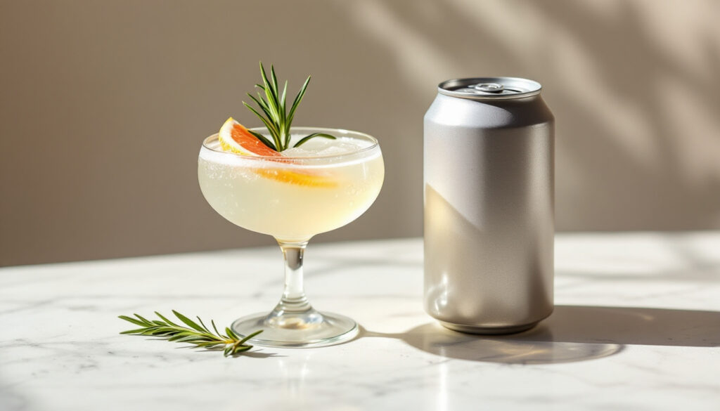 Chilled beverage can and coupe glass garnished with citrus peel and rosemary on a pale stone counter