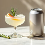 Chilled beverage can and coupe glass garnished with citrus peel and rosemary on a pale stone counter