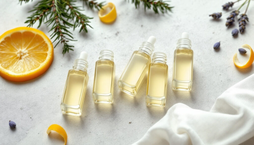 Small glass vials of pale golden aromatic oil arranged on a light stone surface