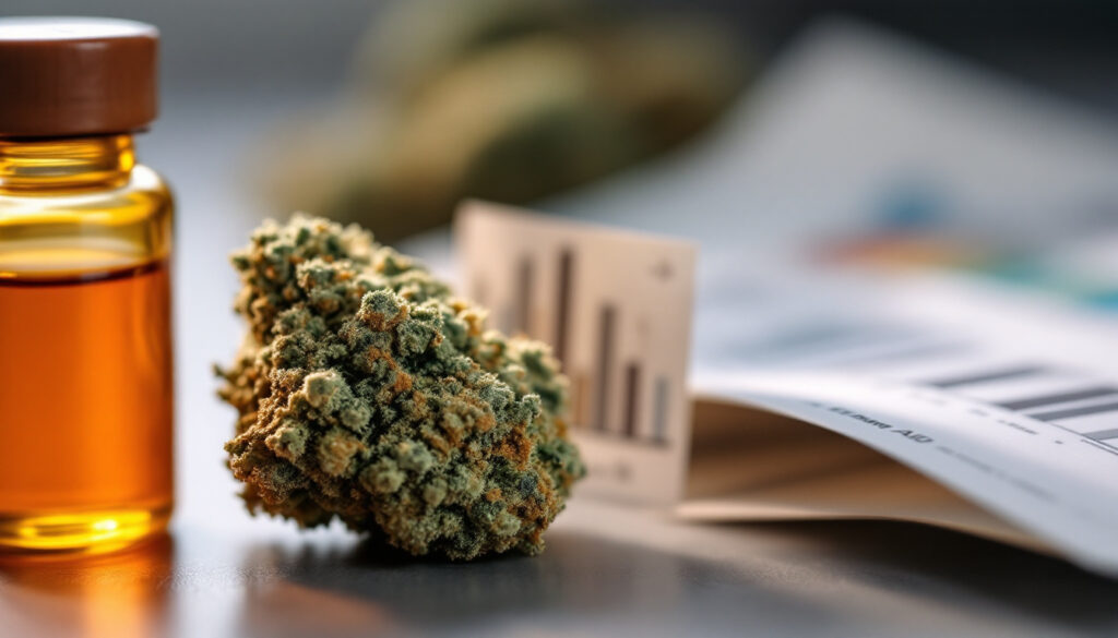 Cannabis flower with visible trichomes beside a lab vial and printed chromatogram, illustrating terpene profiles versus THC percentage