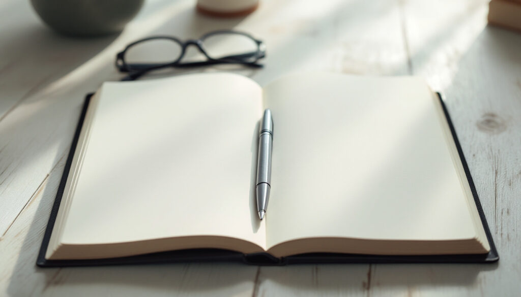 Open notebook, pen and reading glasses on a desk in soft daylight, suggesting careful study