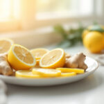 Fresh lemons and sliced ginger root on a pale ceramic plate in soft natural light