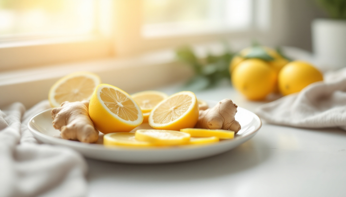 Fresh lemons and sliced ginger root on a pale ceramic plate in soft natural light