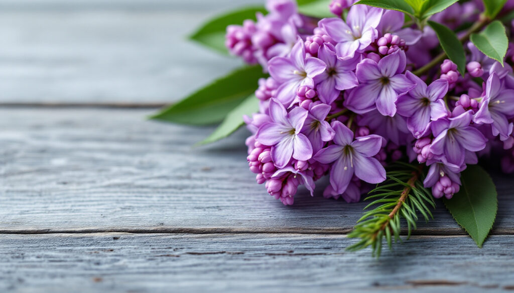 Fresh lilac blossoms and pine needles resting together on weathered grey wood