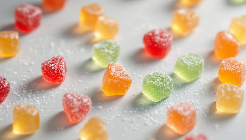 Assorted fruit gummies scattered on a pale surface in soft daylight