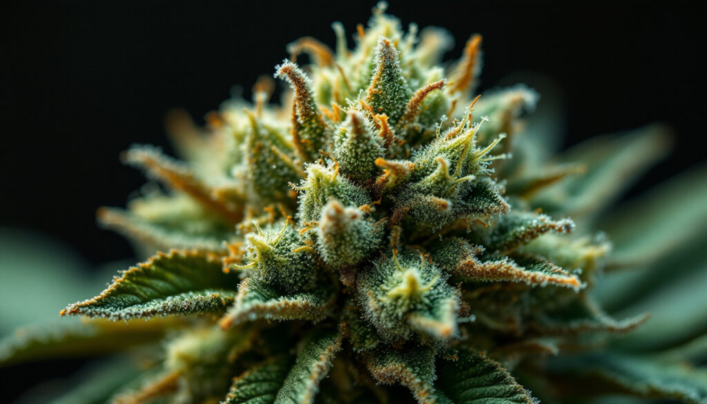Close-up of dense cannabis flower with visible resin trichomes under natural light