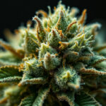 Close-up of dense cannabis flower with visible resin trichomes under natural light