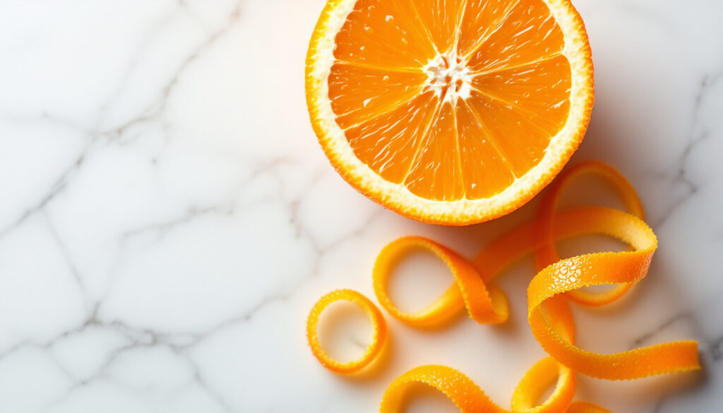 Halved Valencia orange with vivid pulp and a curl of zest on white marble